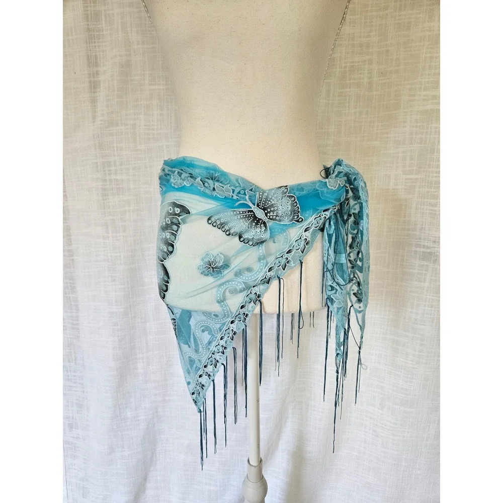 Butterfly Mesh Shawl Womens Scarf Blue Teal Fringe Boho Festival Sheer Fairycore